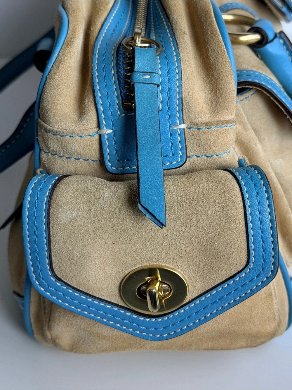 Vintage Coach Tan Suede Gallery Tote with Teal details
